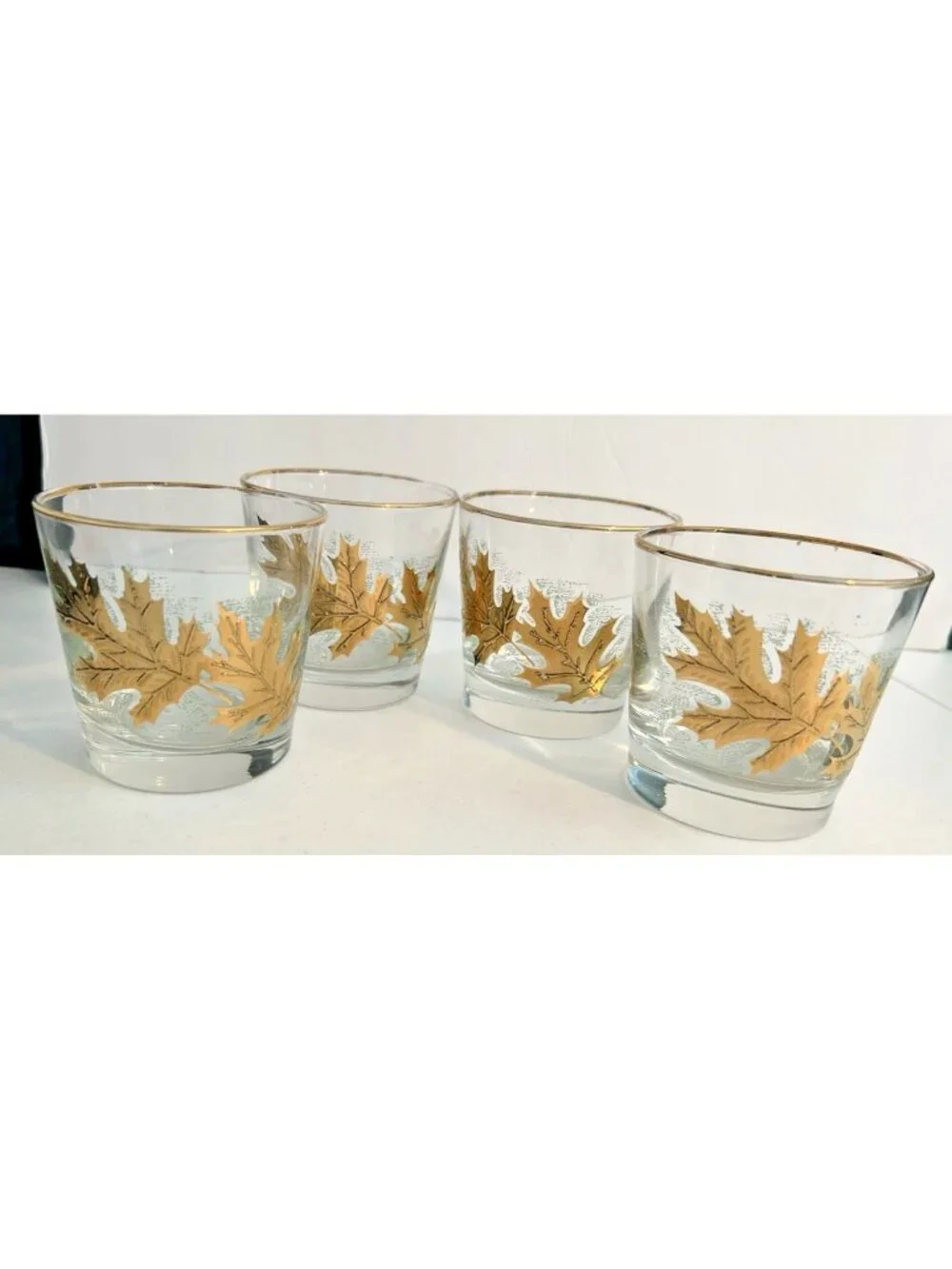 Vintage Golden Oak Libbey Lowball Glasses Rocks Set of 4 Leaf Cocktail MCM Gilt
